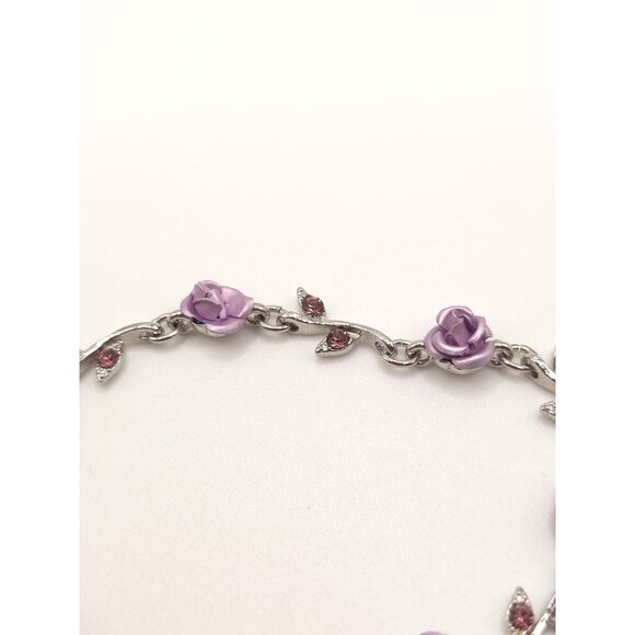 Purple Rose & Crystal Leaf Silver-Tone Bracelet With Lobster Clasp - Picture 2 of 6
